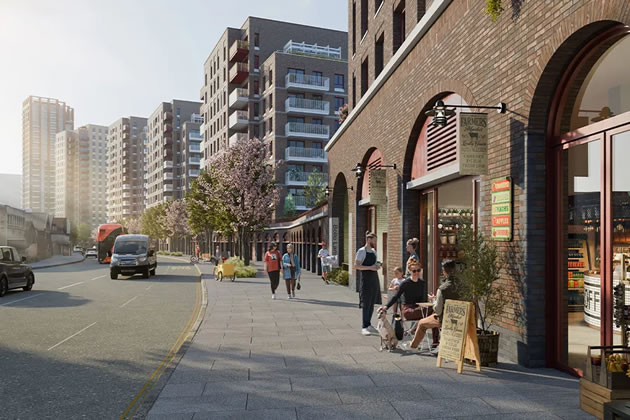 A visualisation of the scheme looking east along Bollo Road with Brook House at the far end
