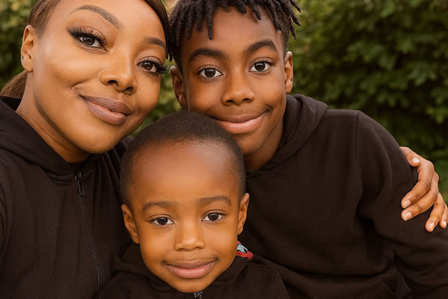 Mum Nyasha, Raphael, aged 13 and Sanchez at the front age 5