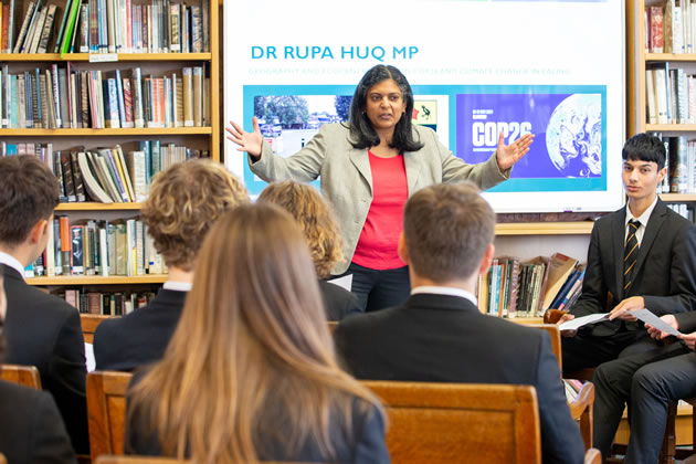 Rupa Huq MPs addresses the school's pupils in the classroom