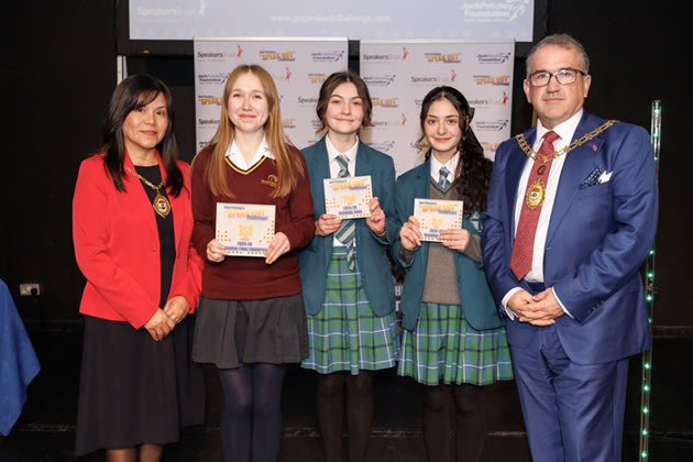 (L to R): Mrs Maria Kelly, Mayoress of Ealing, 1st place Margot Griffiths, 2nd place Emilia Sibley, 3rd place Yara El-Yassine and Mayor of Ealing Councillor Anthony Kelly