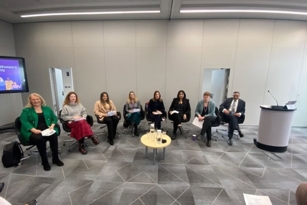 L – R: Sharon Evans( ACAA), Naomi Hawthorne (Surviving Economic Abuse), Kamaldip Kaur (Southall Black Sisters), Mandy Skinner, (Assistant Chief Exec, LBH) Lucia Espiniella (LBH), Sayeeda Ashraf (Shewise), Cllr Katherine Dunne (LBH), Cllr Shivraj Grewal (LBH)