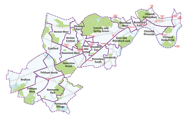 The new ward boundary map for Hounslow borough