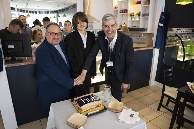 Father Fergal of Roman Catholic Church of St Aidan of Lindisfarne, Acton East Parish, TCES student Martinez and Thomas Keaney (Founder and CEO of TCES)