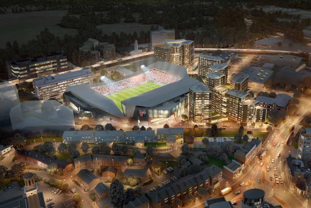 Tower blocks surrounding planned new stadium 